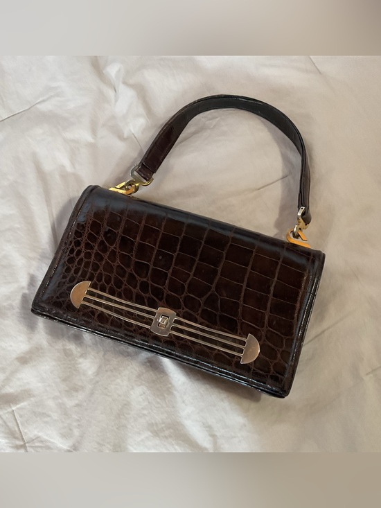 Vintage Handbags - Vintage Croc-Embossed Dark Brown Top-Handle Women's Bag